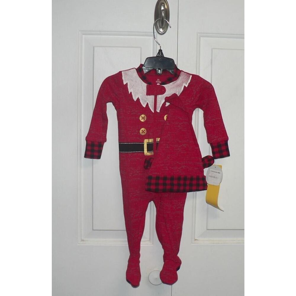 PL Sleep Toddlers Long‎ Sleeve Pajama & Hat Set in Red Santa 6M MSRP $32